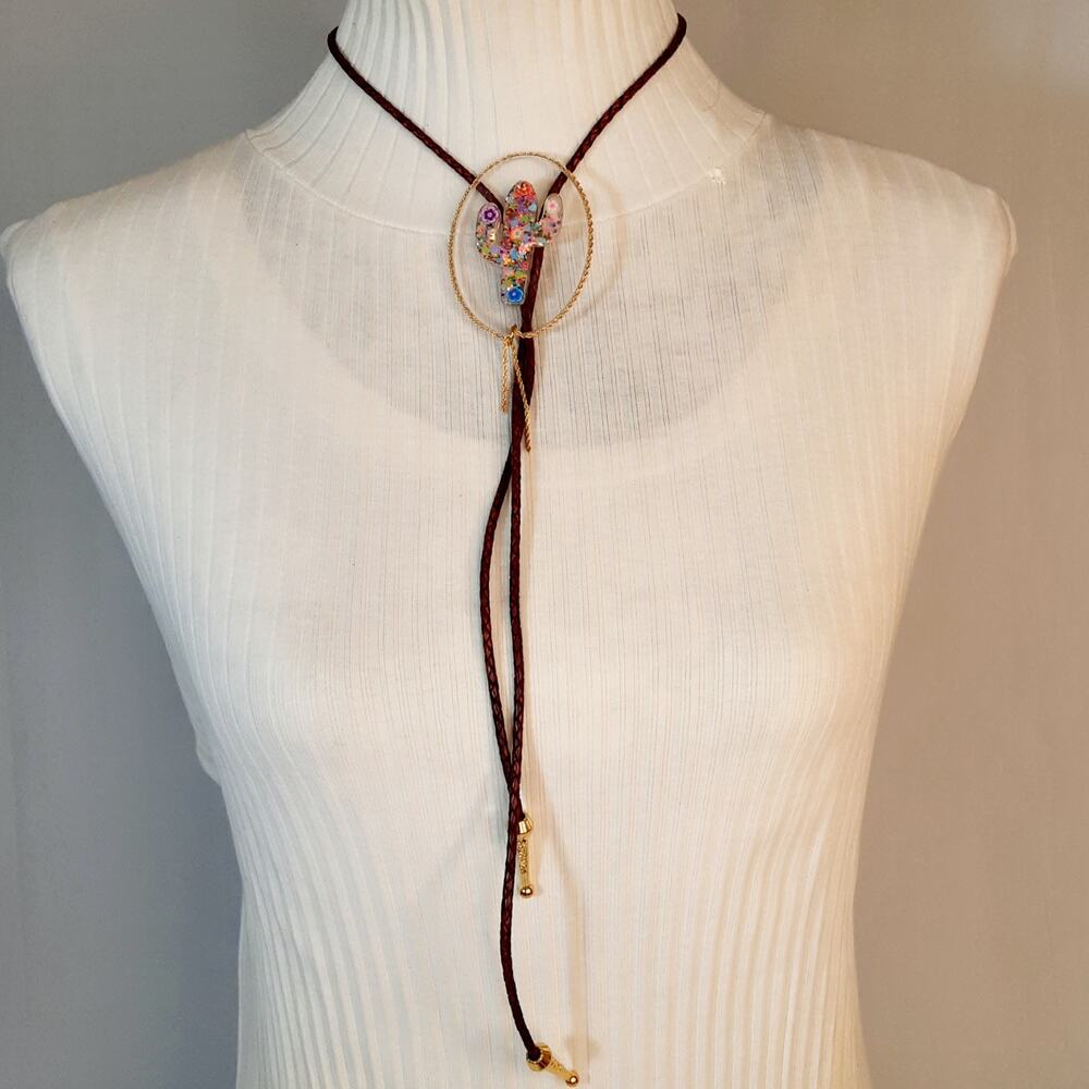 Handmade Bolo Tie Acrylic Floral Cactus Gold Tone Chain Frame Leather Cord